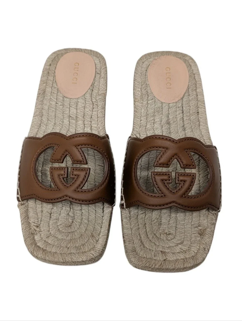 Gucci Interlocking G Brown Leather Espadrilles Flat Slide Sandals Size EU 38